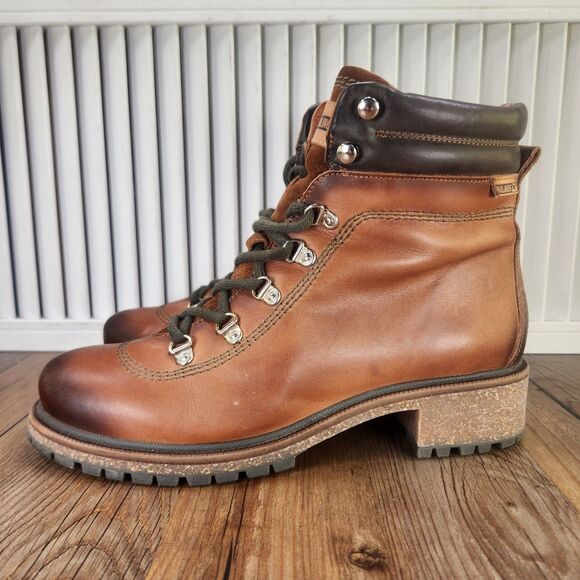Pikolinos Aspe Ankle Boots Womens Sz 9.5 Brown Leather Lace Up Hikers Side Zip - Picture 3 of 11